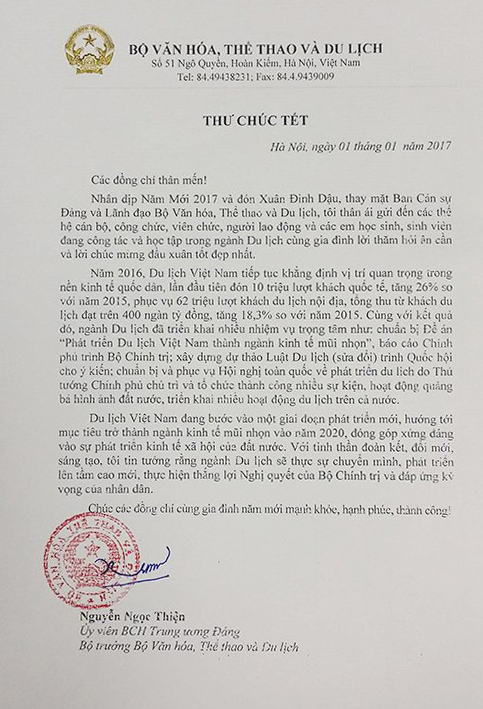 Bộ trưởng Bộ VHTTDL Nguyễn Ngọc Thiện gửi thư chúc Tết tới ngành Du lịch